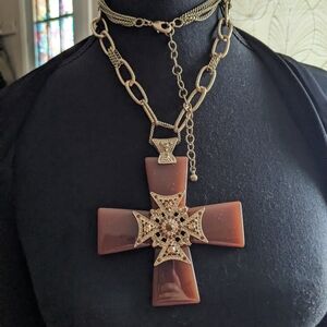 Vtg Chicos Gothic HUGE Lucite Rhinestone Maltese Cross Pendant Statemnt Necklace
